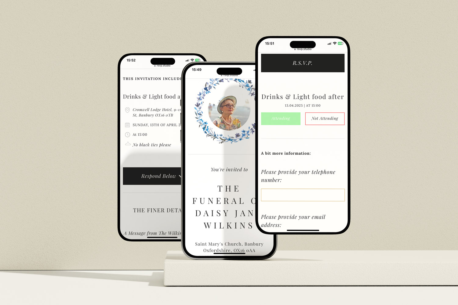 RSVP.studio funerals digital invitation displayed on three smartphones, showing event details and RSVP options on screens.
