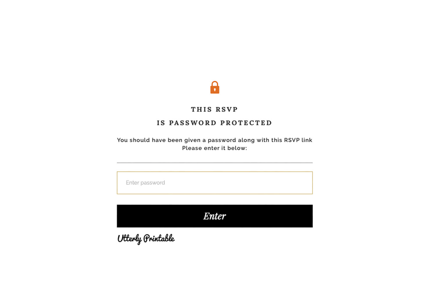 RSVP.studio funerals password protected RSVP form with secure login field and Utterly Printable branding on a white