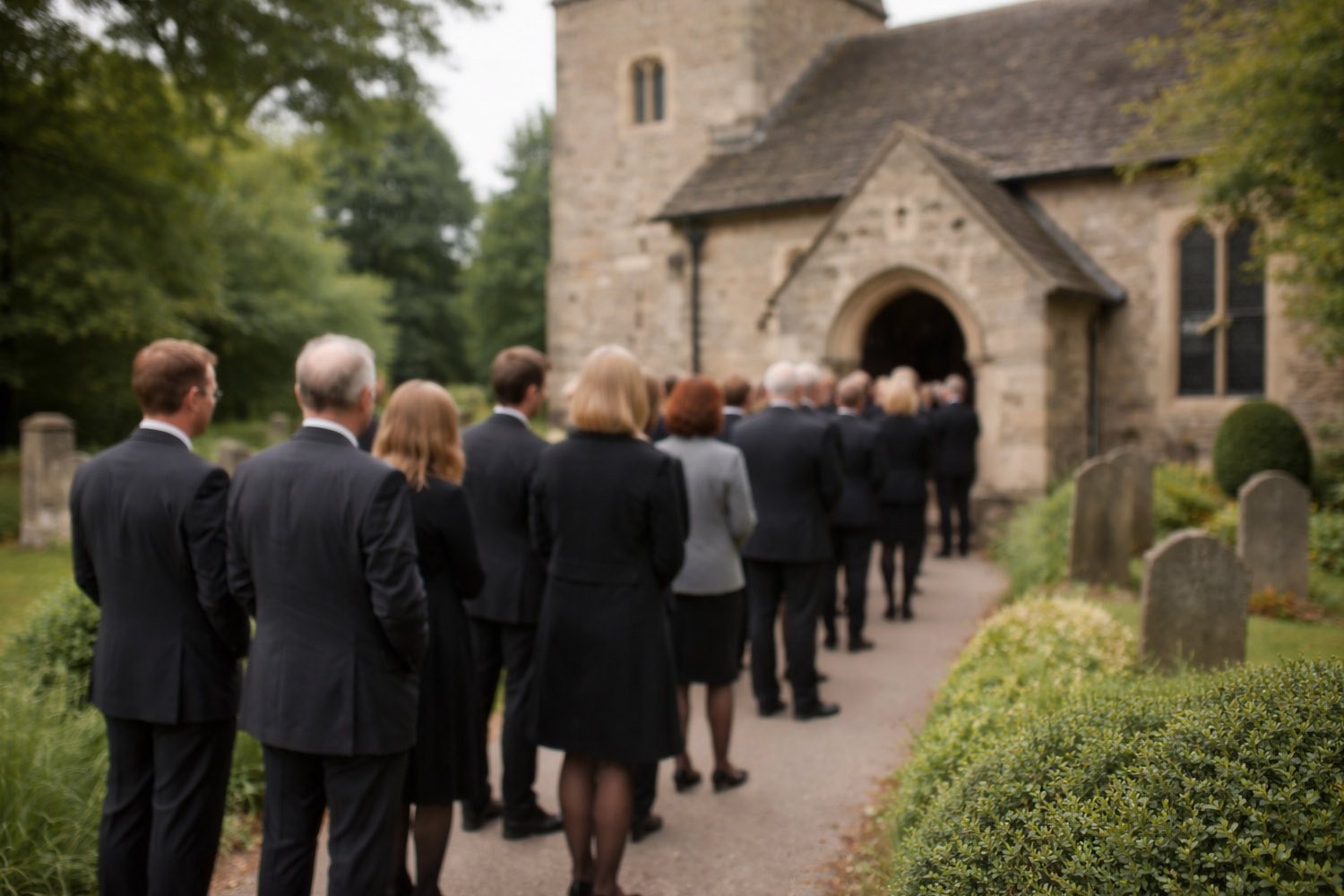 RSVP.studio funerals group of mourners in formal black attire walking towards a traditional stone church entrance