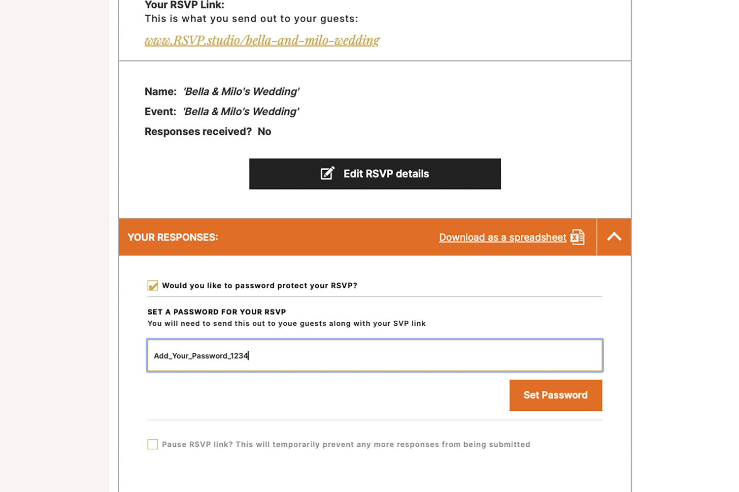 RSVP.studio funerals online RSVP form showing password protection and response management options on a clean interface