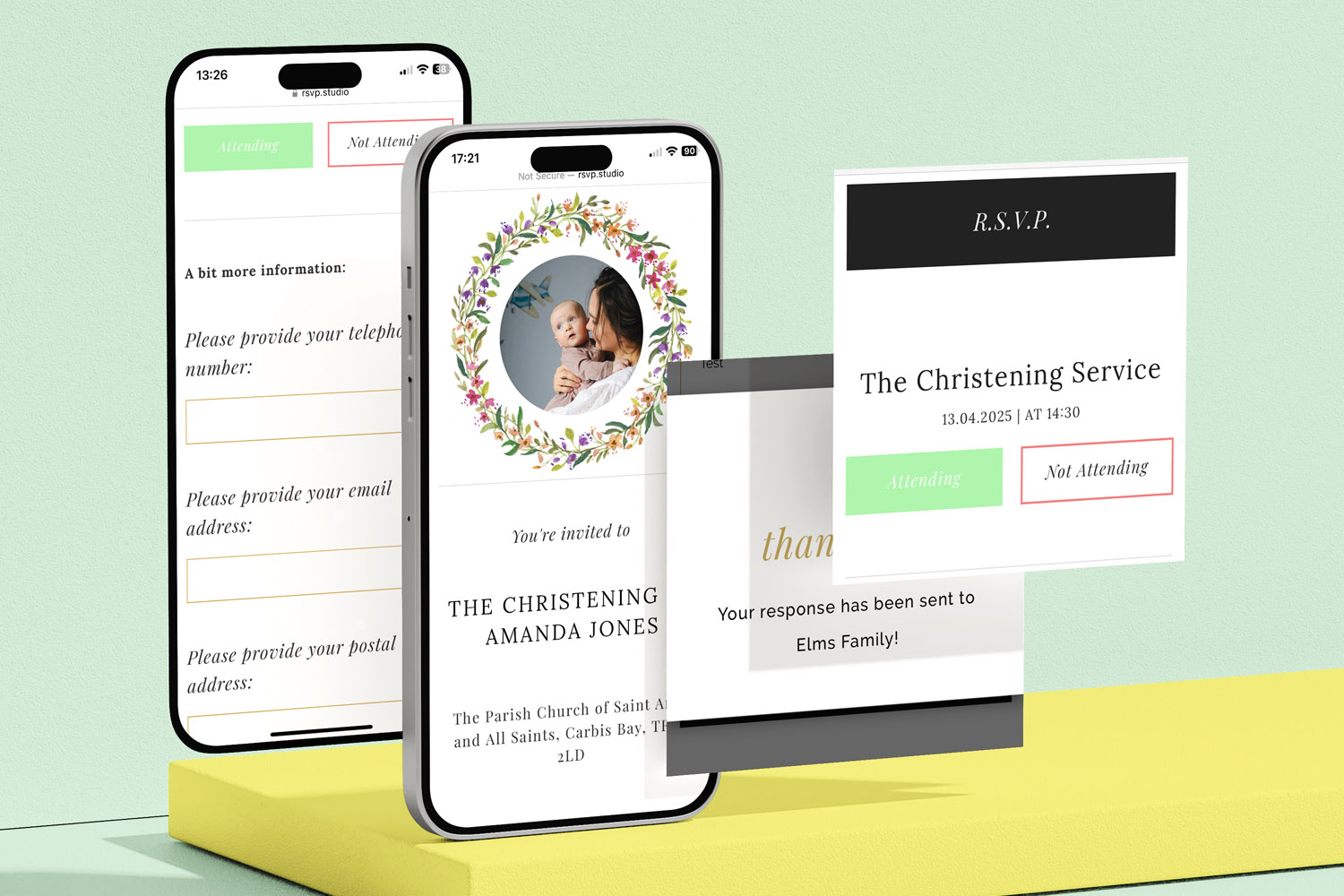 RSVP.studio digital invitation and response forms displayed on smartphones, featuring christening event details and RSVP