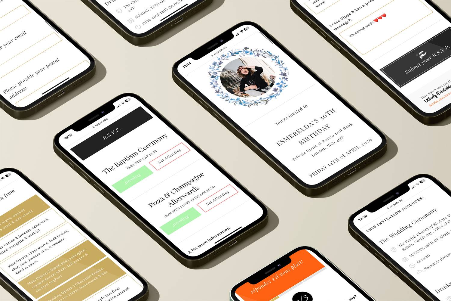 RSVP.studio digital invitations displayed on multiple smartphones, showcasing event details and online RSVP options in a