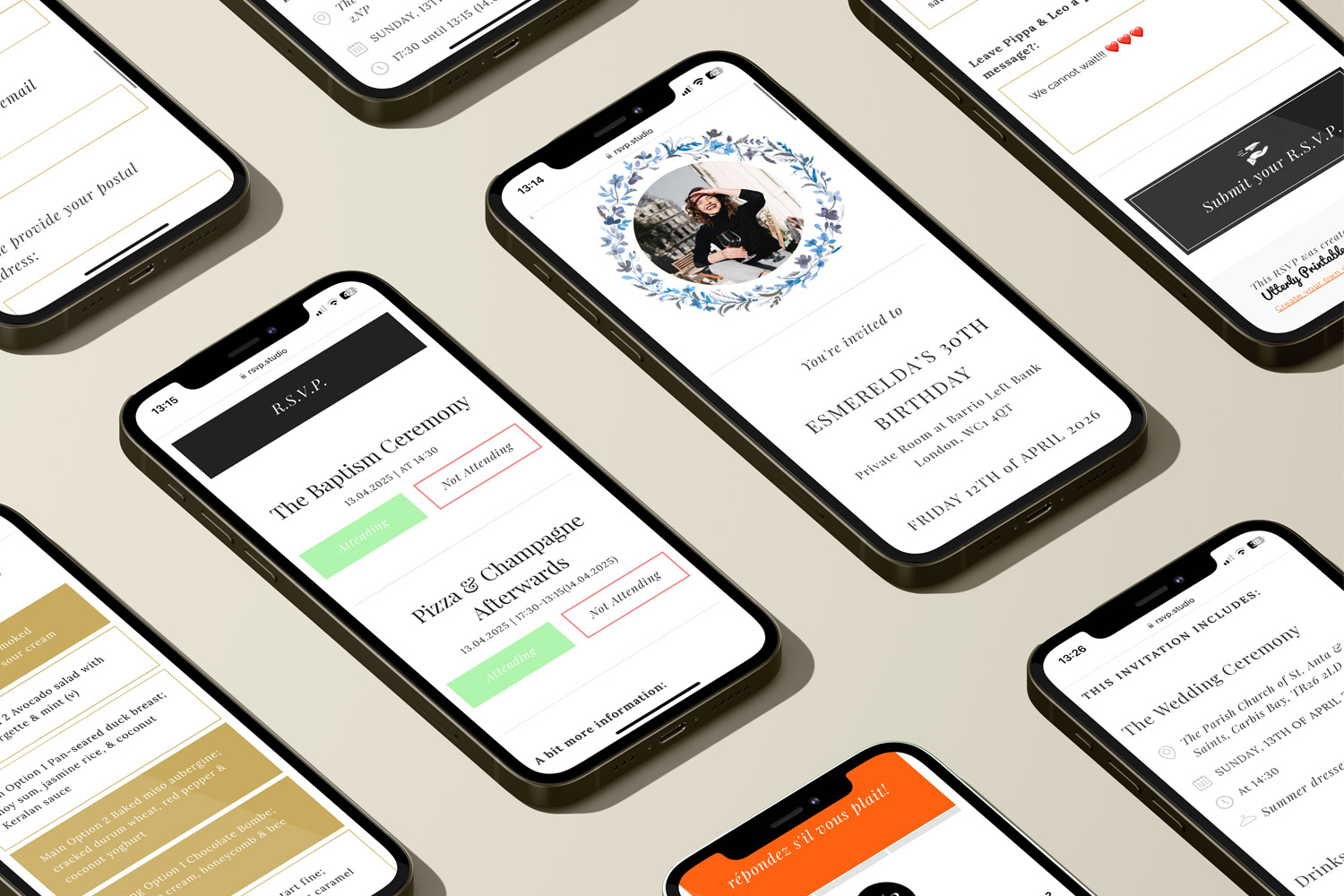 RSVP.studio digital invitations displayed on multiple smartphones, showcasing event details and RSVP options in a modern