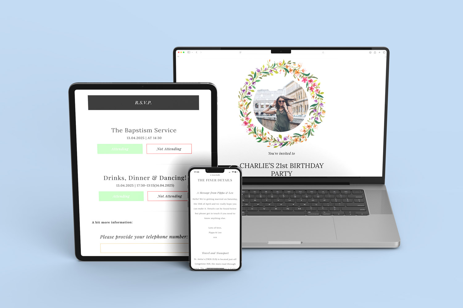 RSVP.studio digital invitations and event management platform displayed on laptop, tablet, and smartphone screens