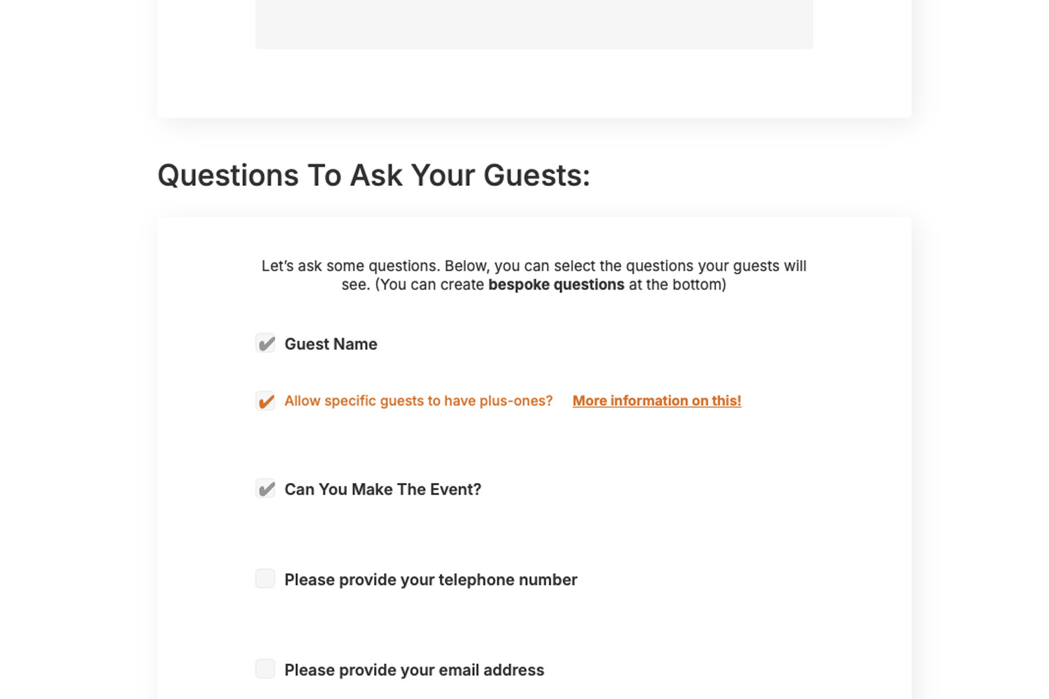 RSVP.studio digital RSVP form showing guest questions, including plus-one options and event attendance checkboxes