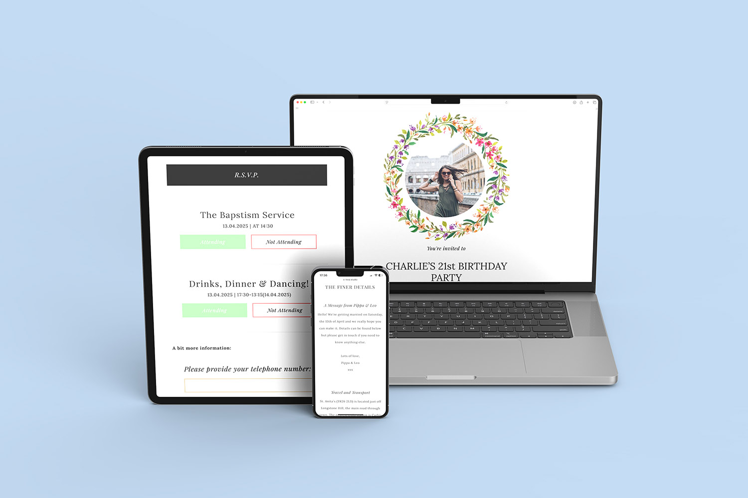 RSVP.studio funerals digital invitation pages displayed on a tablet, smartphone and laptop against a light blue background.