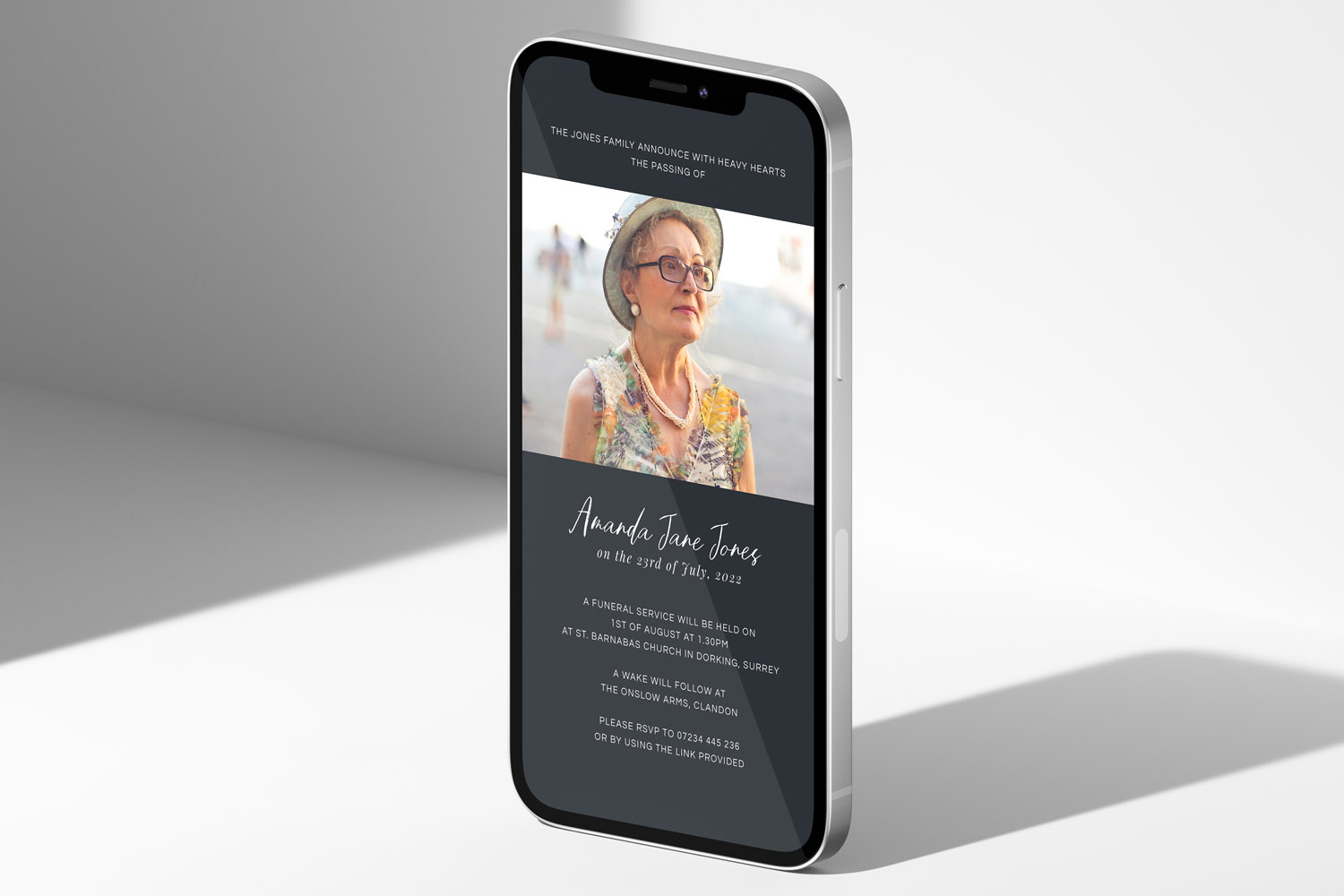 RSVP.studio funerals digital invitation displayed on a smartphone, featuring a memorial announcement and event details.