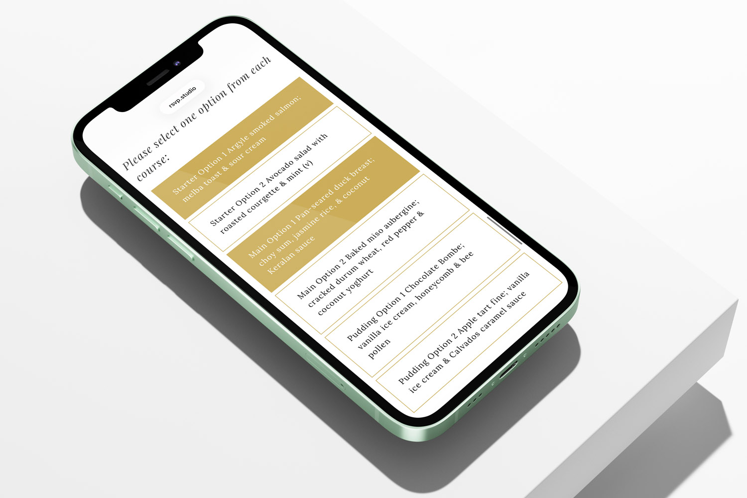 RSVP.studio funerals digital RSVP form displayed on a smartphone, showing menu options for funeral catering selection.