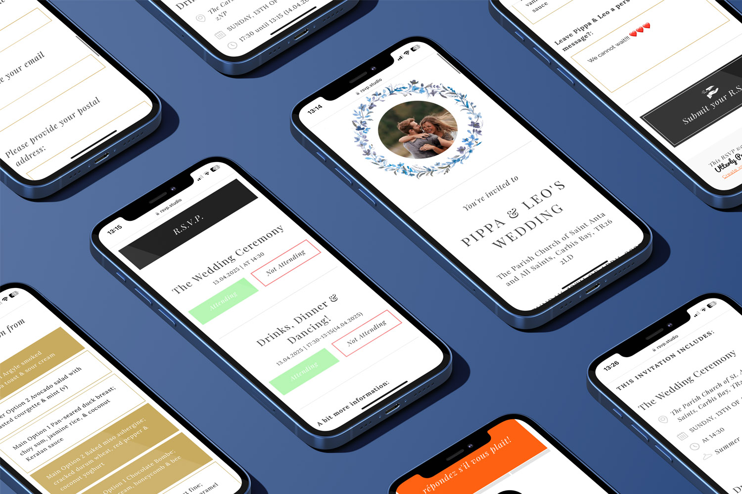 RSVP.studio funerals digital RSVP forms displayed on multiple smartphones, showing modern online invitation layouts
