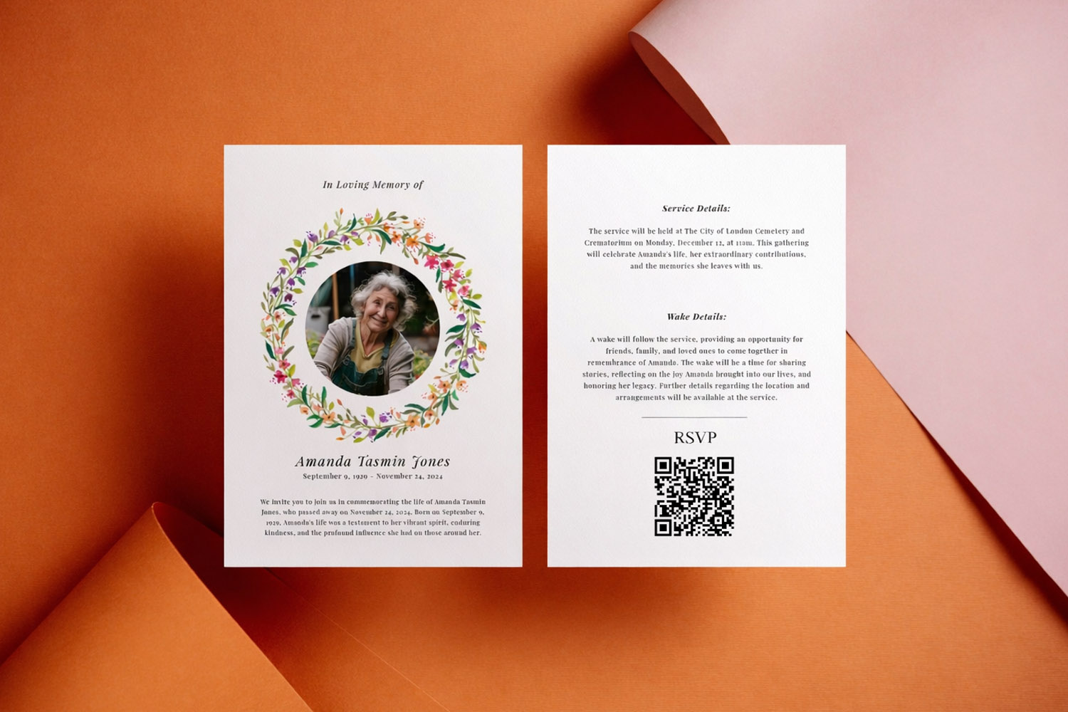 RSVP.studio memorial invitation card with floral wreath design and QR code, displayed on an orange and pink background.