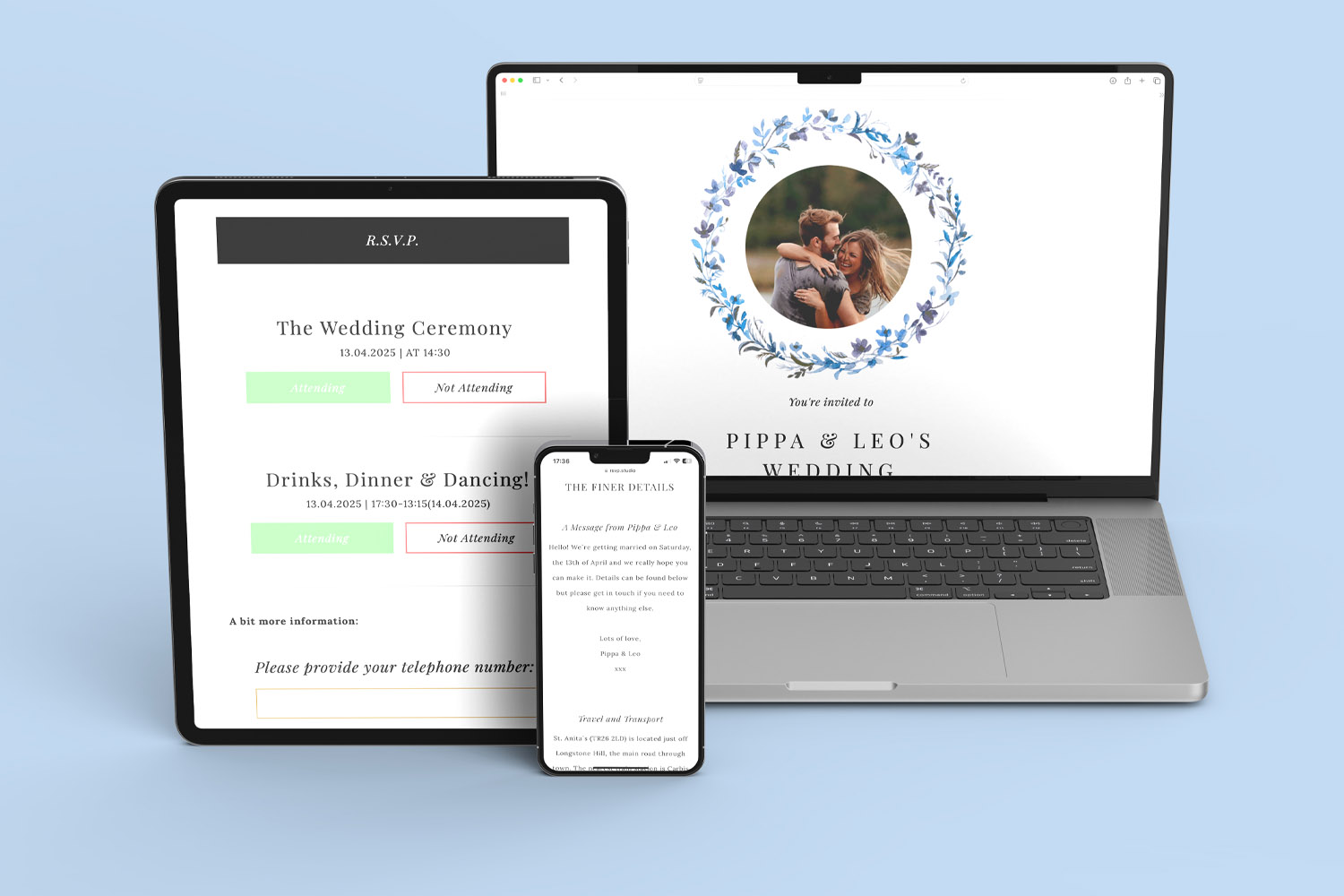 RSVP.studio weddings digital invitations and RSVP forms displayed on a laptop, tablet, and smartphone against a light blue