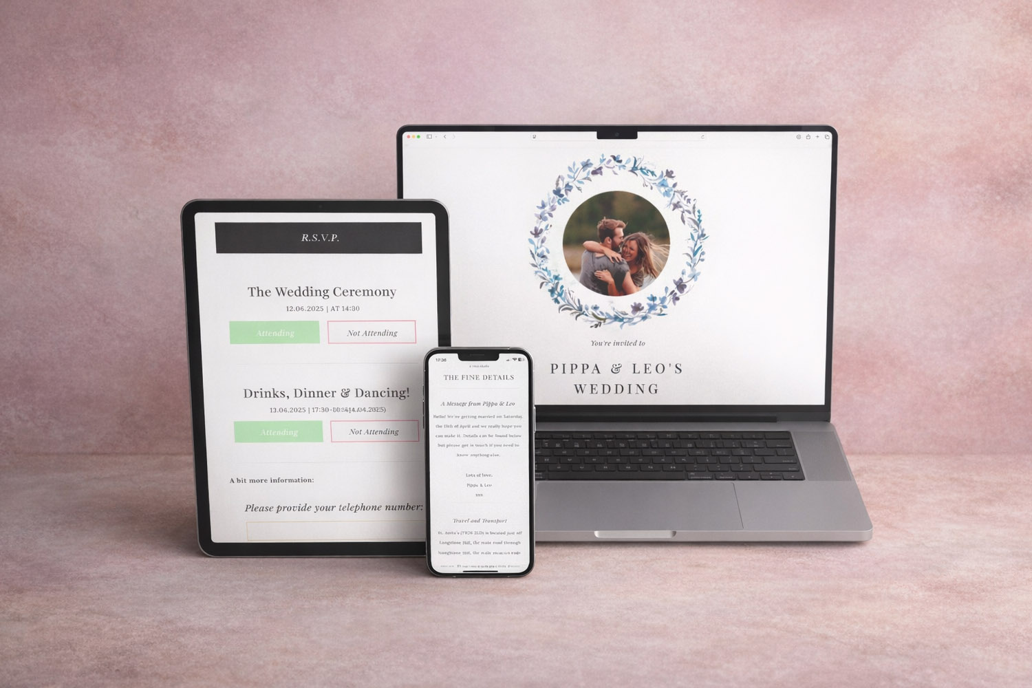 RSVP.studio digital wedding invitation and RSVP form displayed on a laptop, tablet and smartphone against a pink background