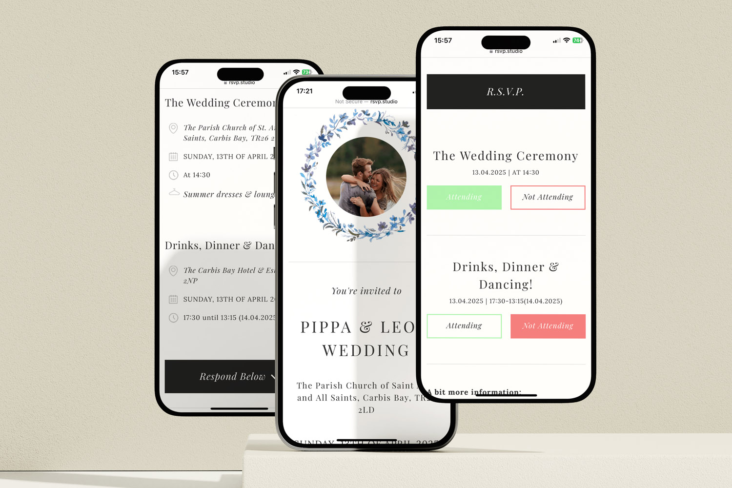 RSVP.studio weddings digital RSVP forms displayed on three smartphones with floral and minimalist designs for wedding