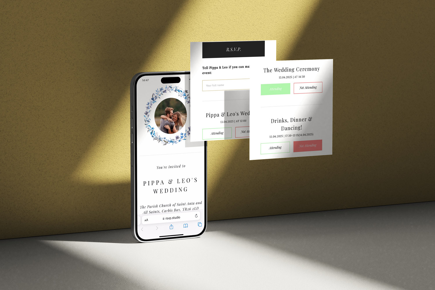 RSVP.studio weddings digital RSVP form displayed on a smartphone with floral design and event attendance options shown