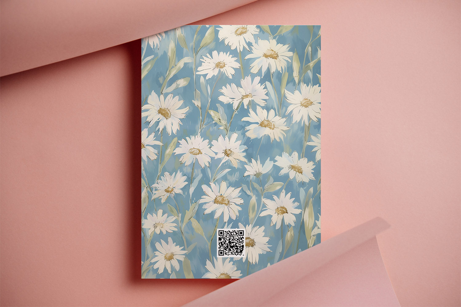 RSVP.studio weddings invitation card with white daisies on a blue background and a QR code at the bottom, flat-lay view
