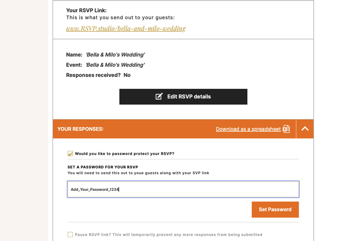 RSVP.studio weddings page showing password protection settings for securing online wedding RSVP responses and guest access.