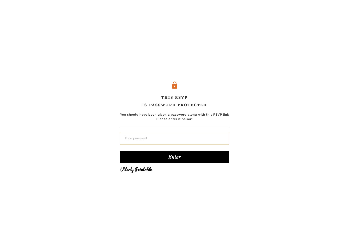 RSVP.studio weddings password-protected RSVP page with lock icon, password entry field and black Enter button on white