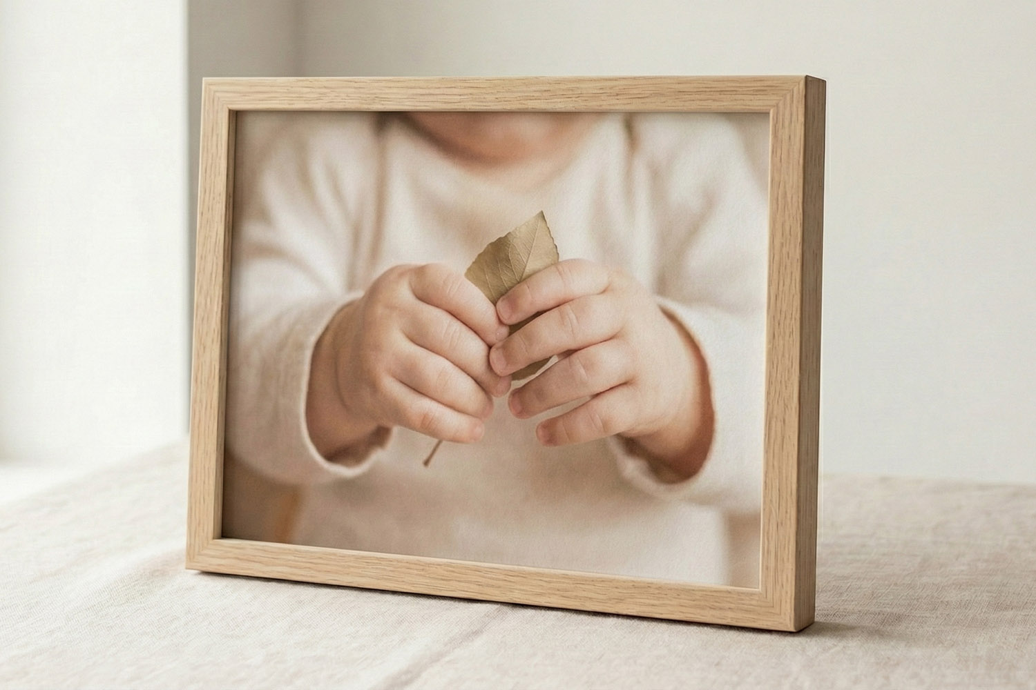 Simple framed prints with a natural wood frame featuring a close-up of a child holding a dried leaf in soft lighting.