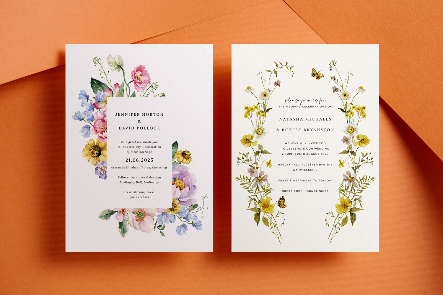 Wedding invitations with elegant floral designs, featuring pastel and yellow flowers on white card, displayed on an orange