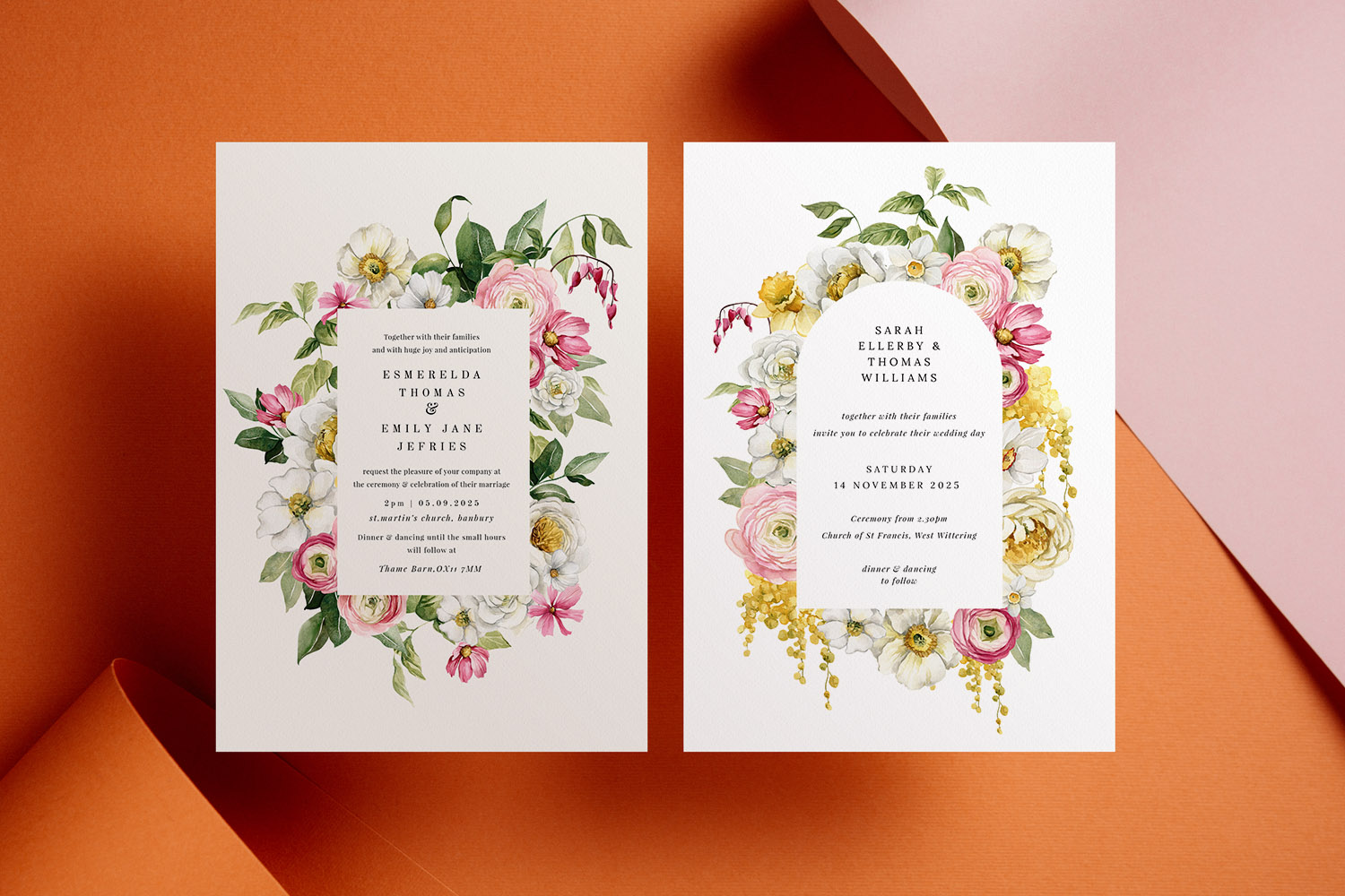 Wedding invitations with elegant floral borders in pink, yellow and green, displayed on an orange and pink background.