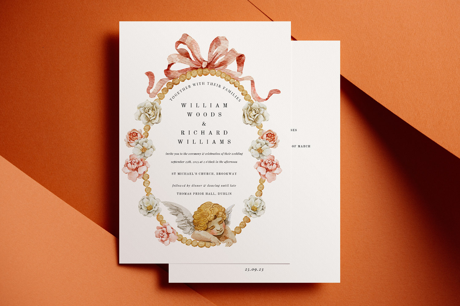 Wedding invitations with floral and ribbon illustration, featuring elegant serif text on white card, displayed on orange