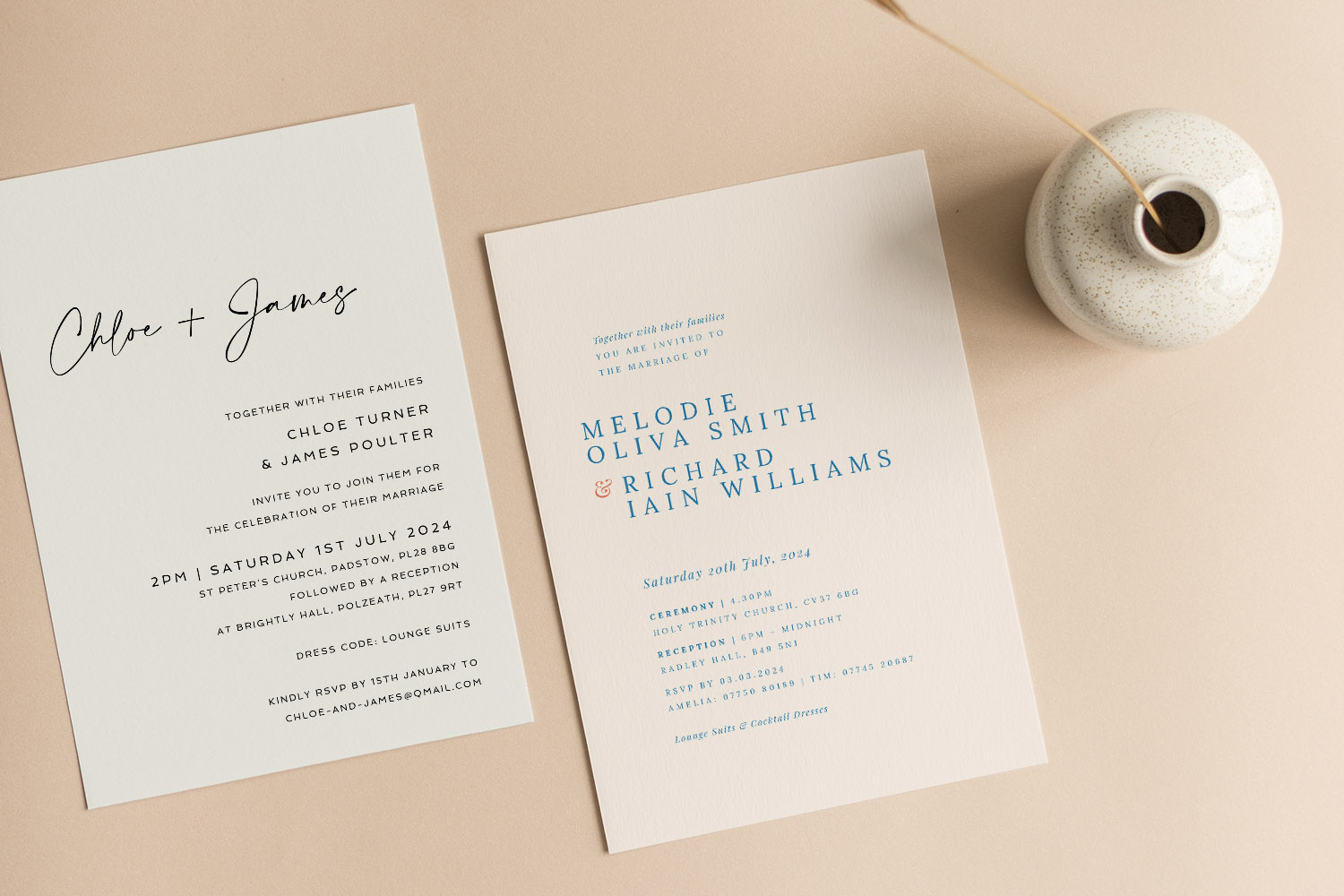 Wedding invitations featuring minimalist designs with elegant typography on cream and off-white card, displayed on a beige