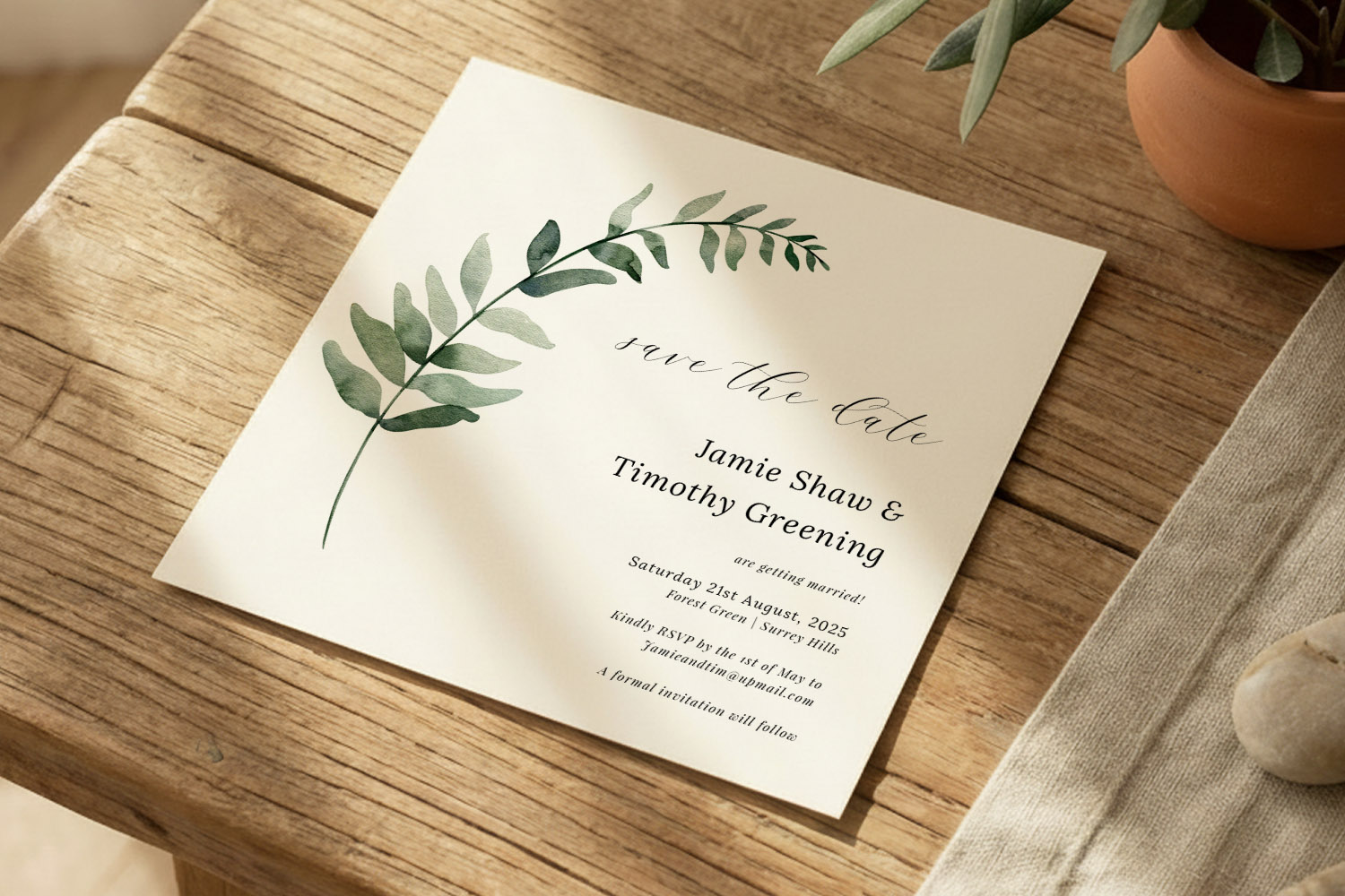 Wedding save the dates card with green botanical design and elegant script, displayed on a rustic wooden table in natural