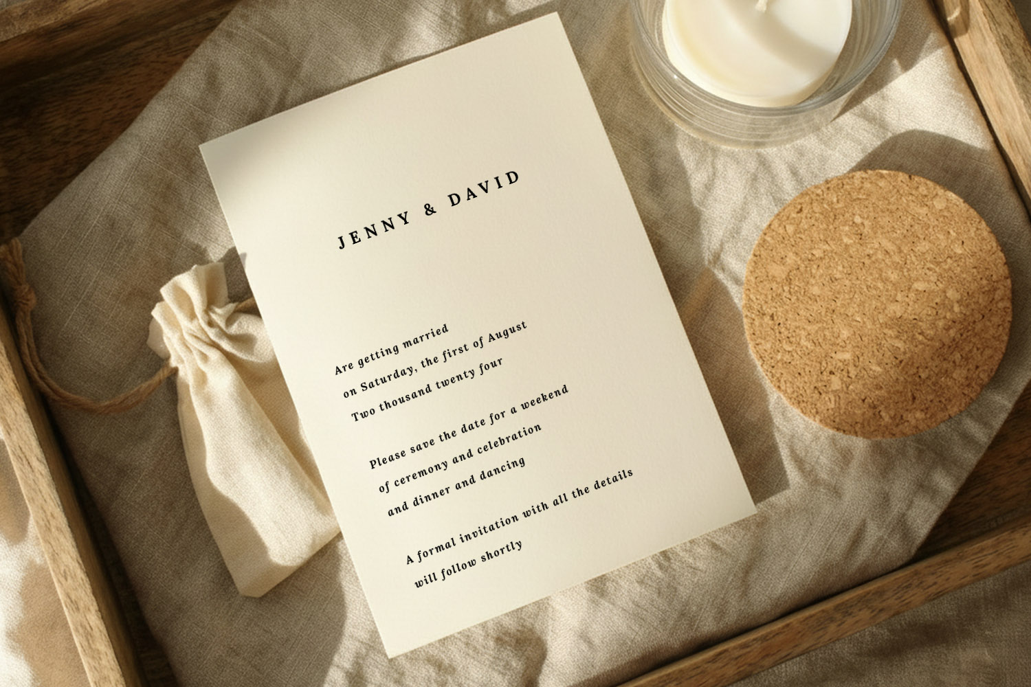 Wedding save the dates card with minimalist black text on cream paper, styled on a linen cloth with candle and cork coaster.