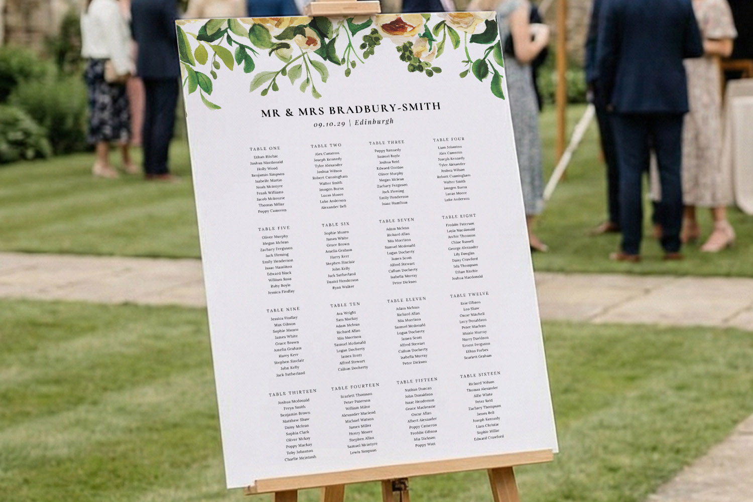 Wedding table plans board with green botanical design, displayed on an easel at an outdoor venue with guests in the
