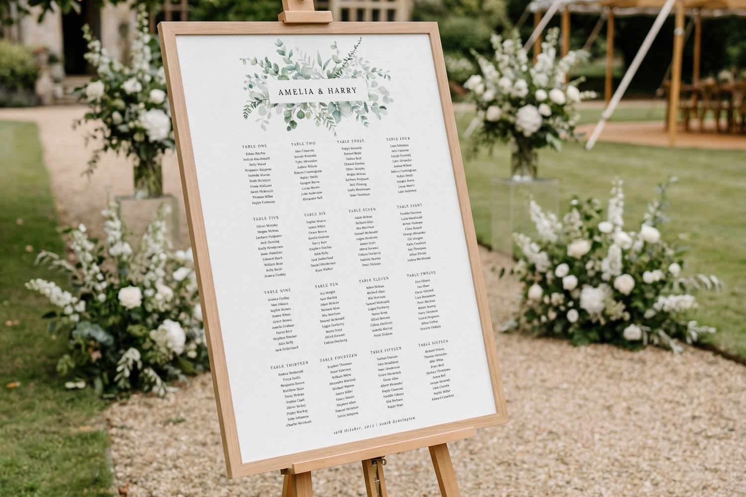 Wedding table plans with a botanical design displayed on an easel outdoors, featuring guest names and table numbers.