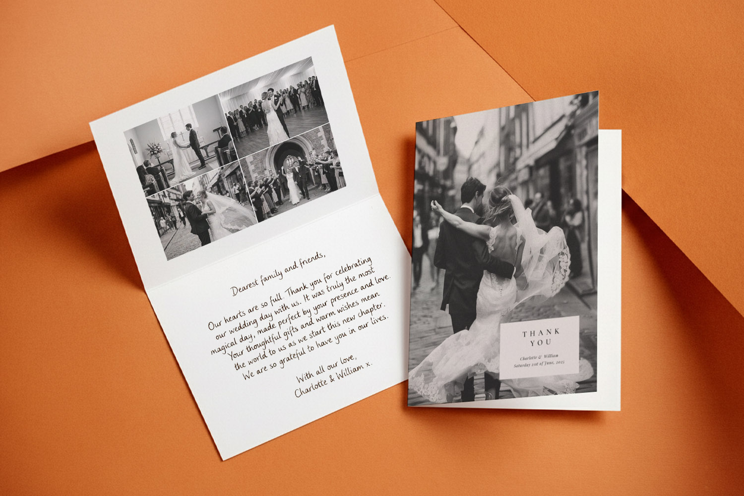 Wedding thank you cards featuring a black and white photo of a couple dancing and a collage of wedding moments on the inside.