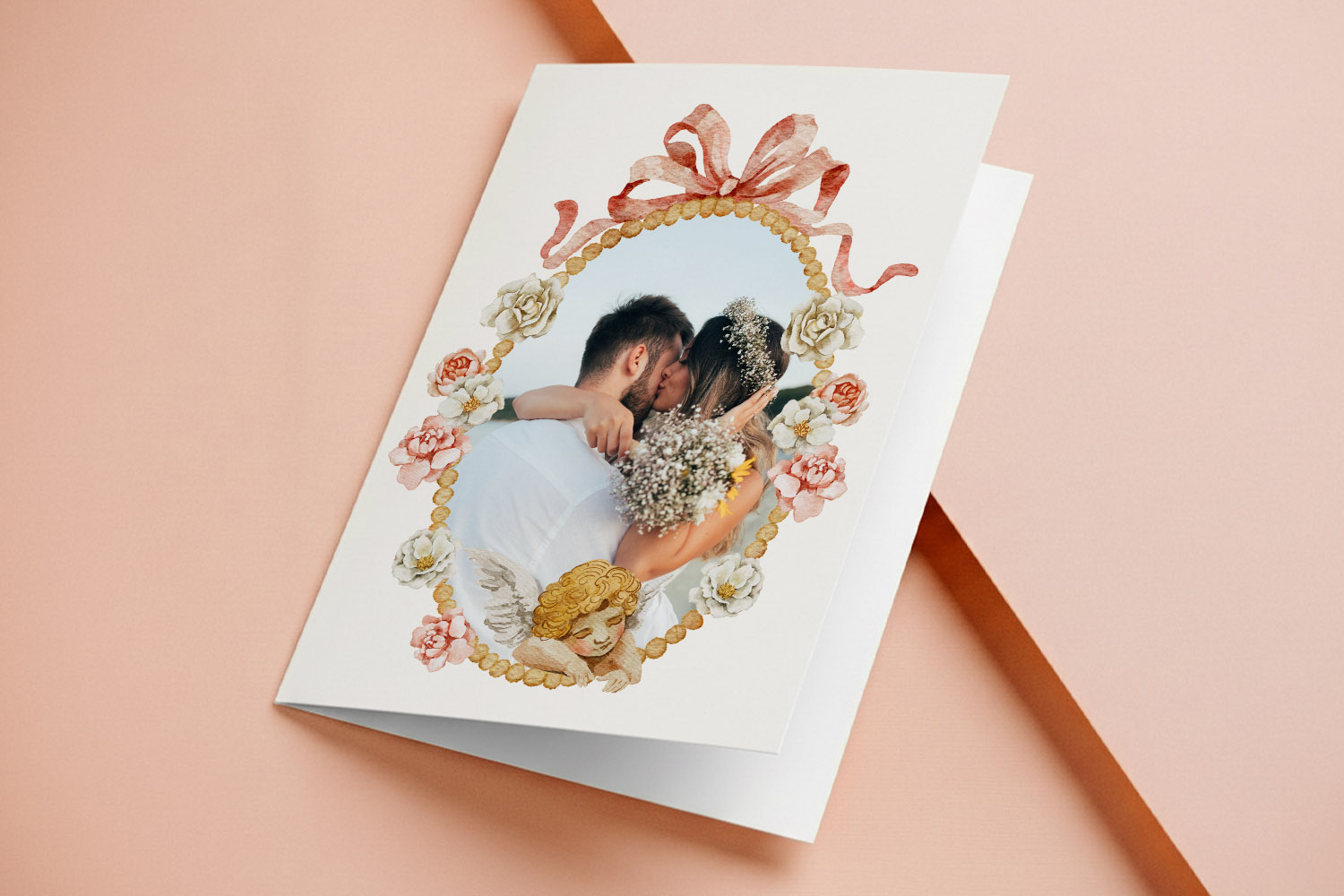 Wedding thank you card with a floral and ribbon border, featuring a couple embracing and an angel illustration at the bottom.