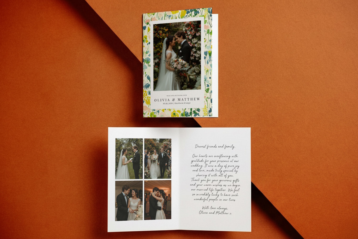 Wedding thank you cards with floral border, featuring couple's photo on the cover and multiple wedding photos inside