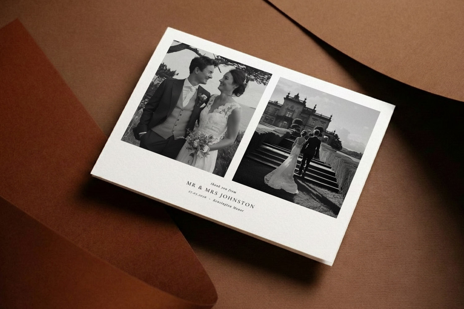 Wedding thank you cards featuring two black and white photos of a newlywed couple on elegant white card stock.
