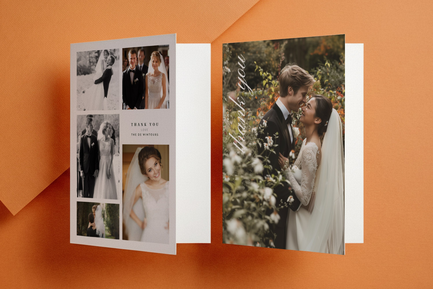 Wedding thank you cards featuring a collage of bride and groom photos and elegant script text on a folded card design.