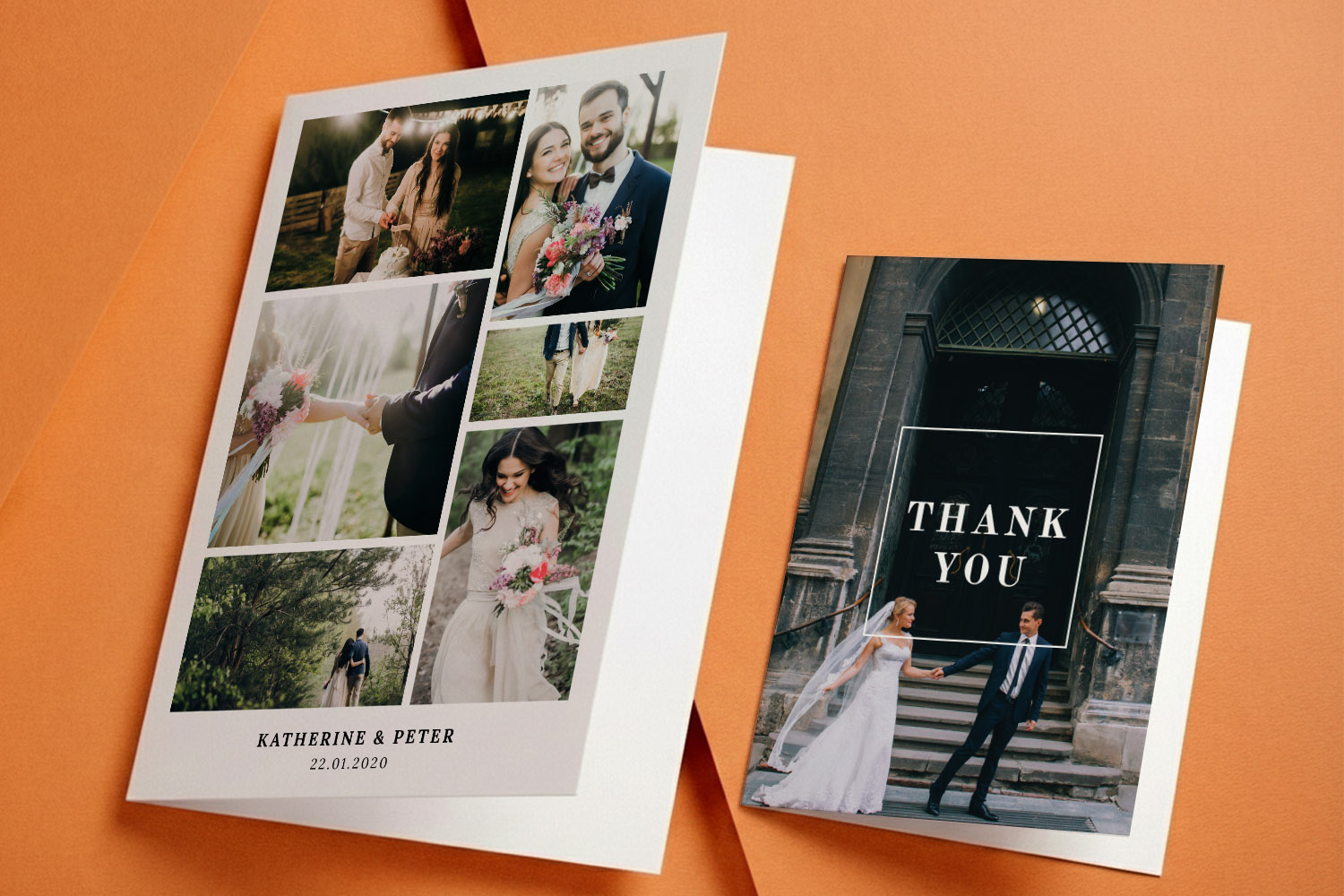 Wedding thank you cards in assorted formats, featuring personalised photo collage and elegant thank you text on the covers.