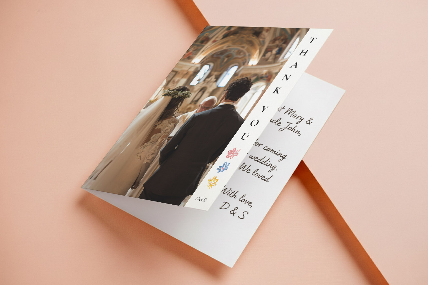 Wedding thank you cards featuring a bride and groom in a church with handwritten text and floral illustrations on the cover