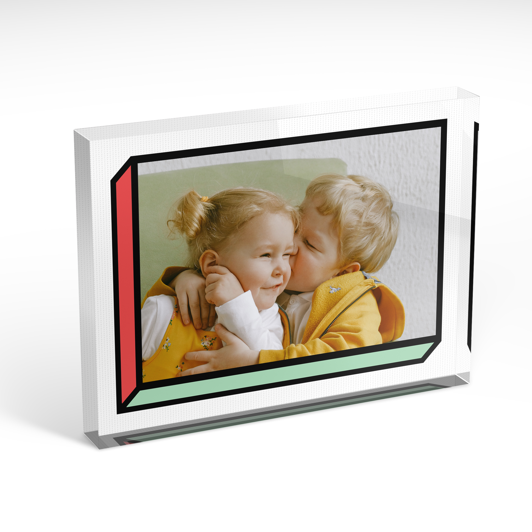An angled side view of a landscape layout Acrylic Glass Photo Block with space for 1 photo. Thiis design is named "3D Glee". 