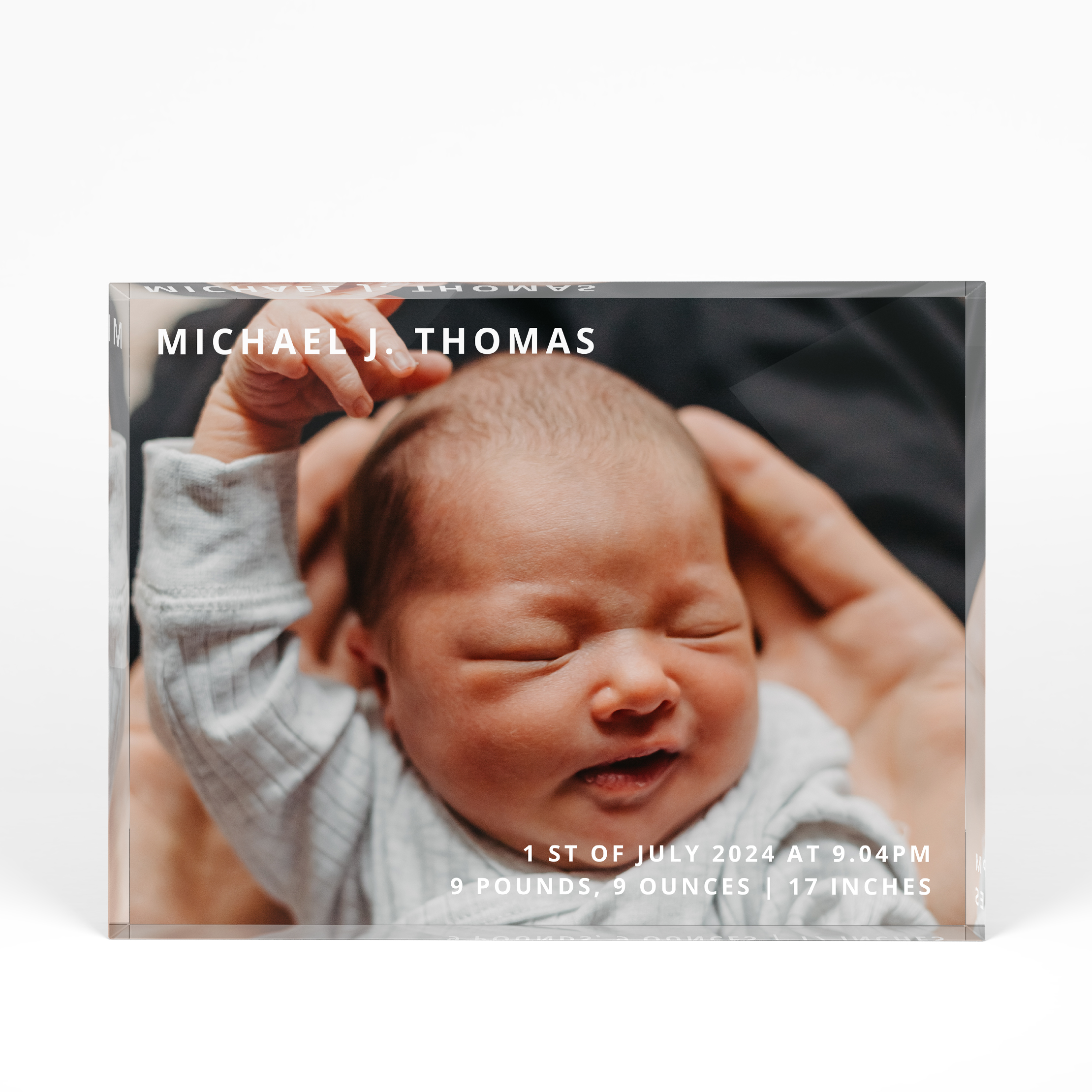A front side view of a landscape layout Acrylic Glass Photo Block with space for 1 photo. Thiis design is named "Child's Portrait". 