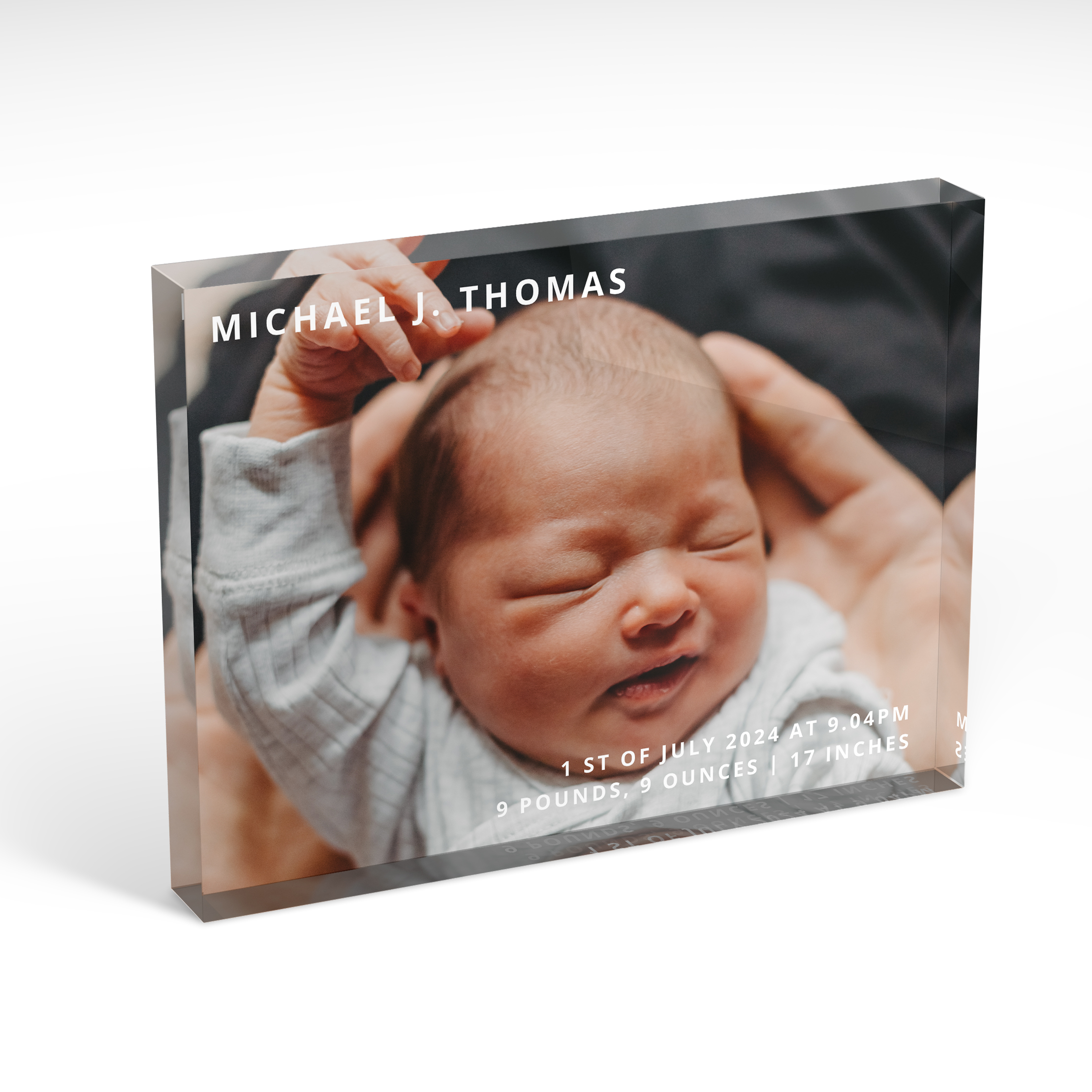 An angled side view of a landscape layout Acrylic Glass Photo Block with space for 1 photo. Thiis design is named "Child's Portrait". 
