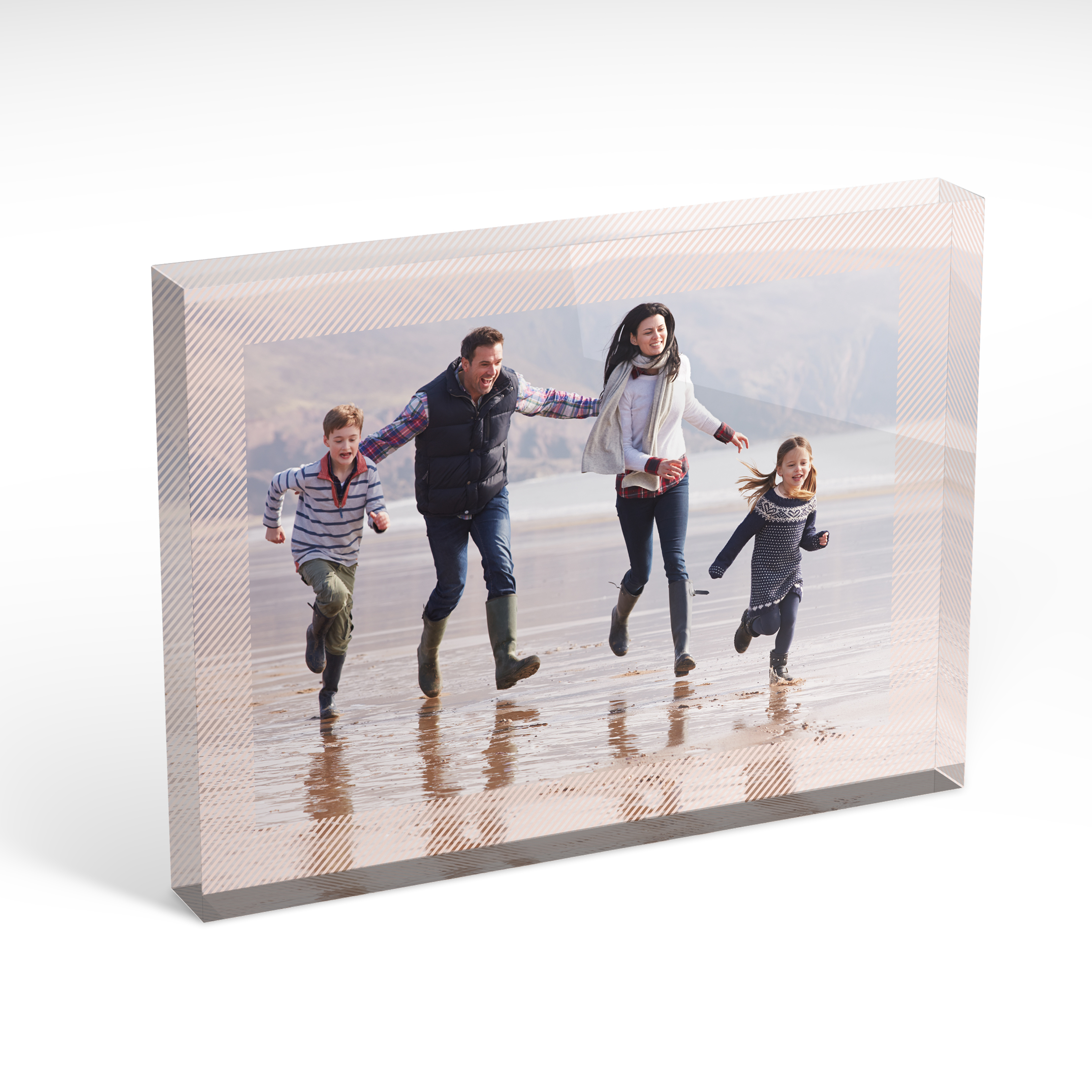 An angled side view of a landscape layout Acrylic Glass Photo Block with space for 1 photo. Thiis design is named "Diagonals". 