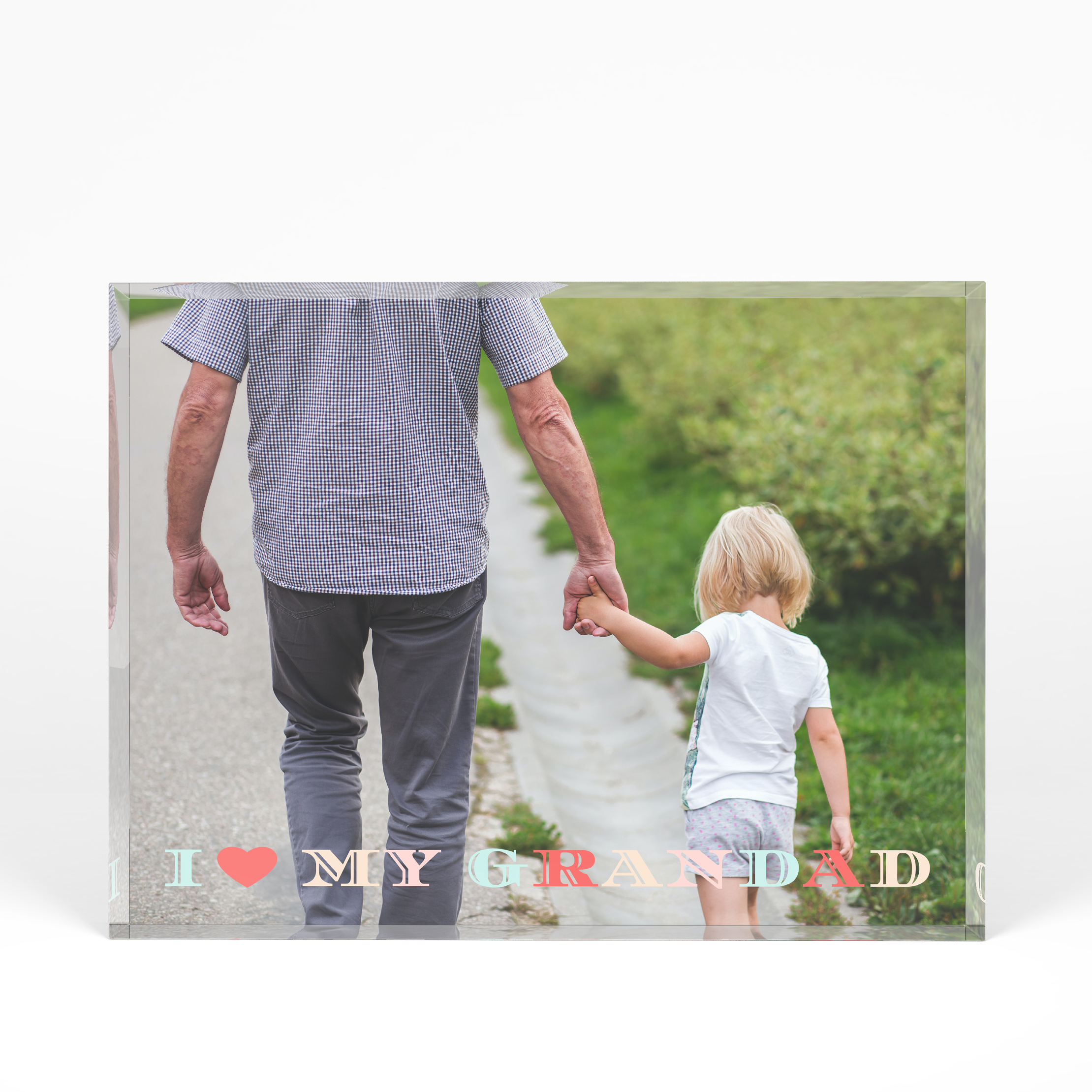 A front side view of a landscape layout Acrylic Glass Photo Block with space for 1 photo. Thiis design is named "Grandpa's Day". 