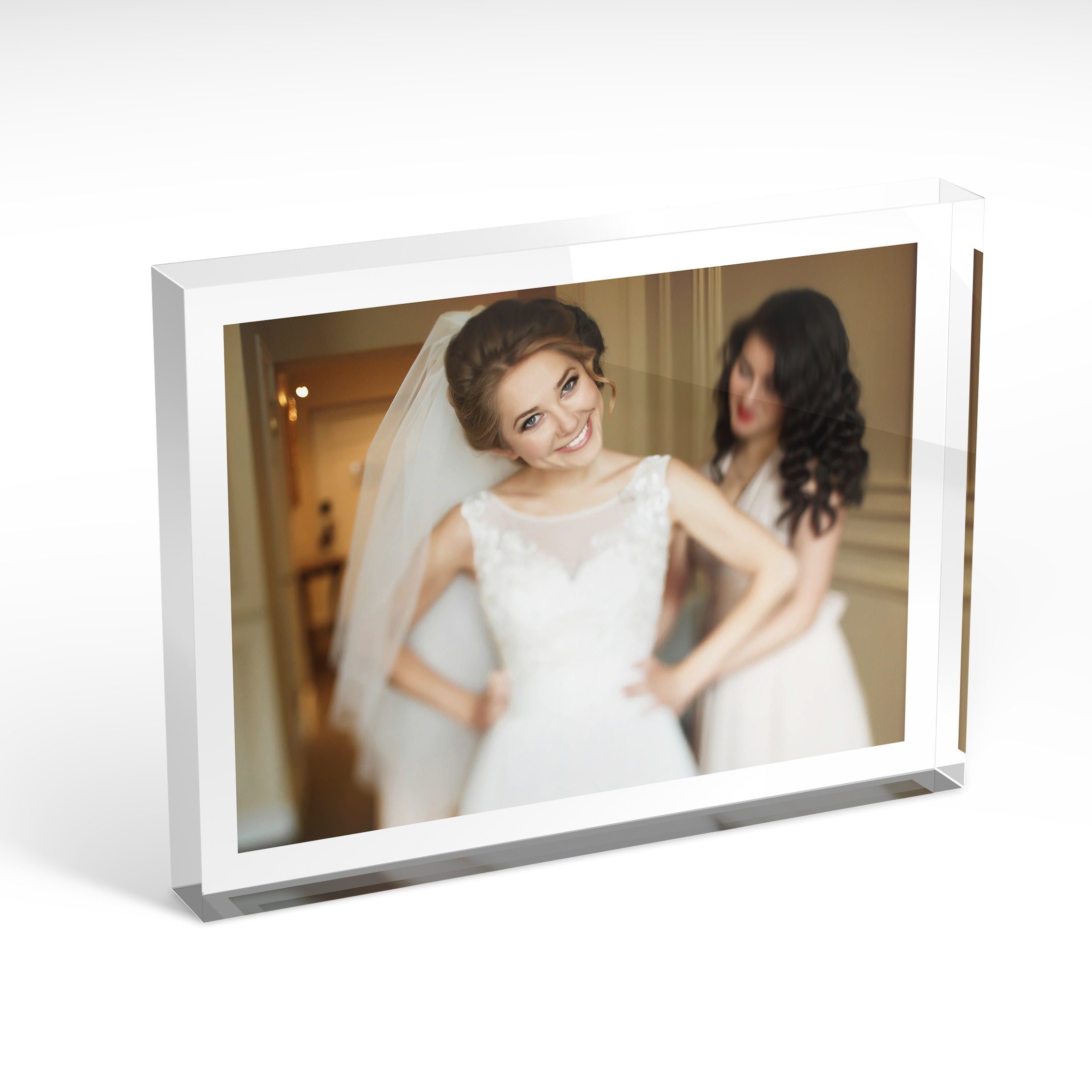 An angled side view of a landscape layout Acrylic Glass Photo Block with space for 1 photo. Thiis design is named "Landscape White". 