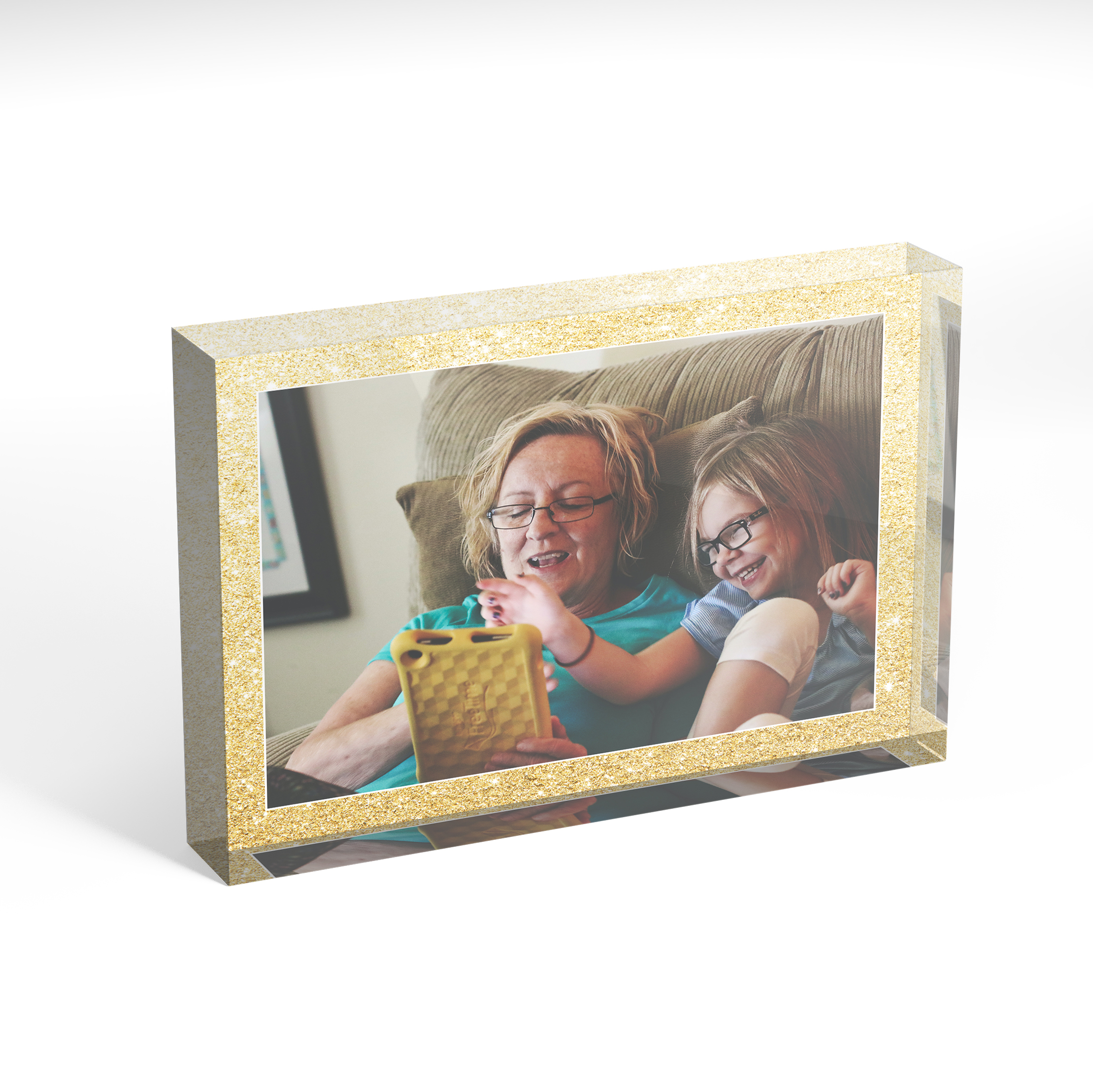 A front side view of a landscape layout Perspex Photo Blocks with space for 1 photo. Thiis design is named 'Sparkles'. 
