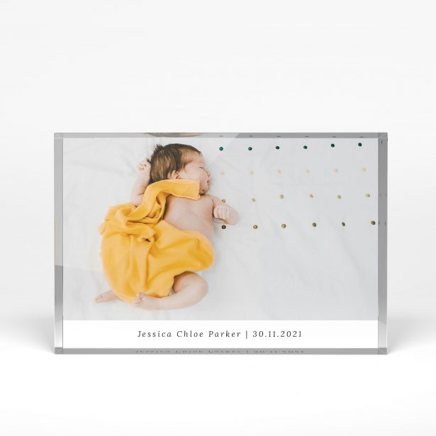 A front side view of a landscape layout Acrylic Photo Block with space for 1 photo. Thiis design is named "Baby's Day Out". 