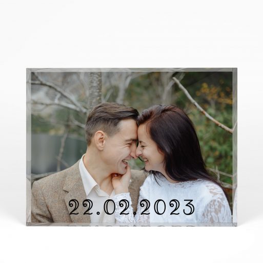 A front side view of a landscape layout Acrylic Photo Block with space for 1 photo. Thiis design is named "Forever I Do". 