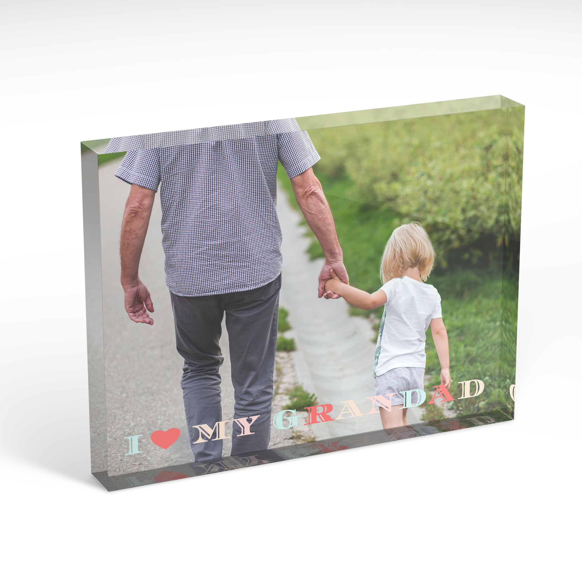A front side view of a landscape layout Acrylic Glass Photo Block with space for 1 photo. Thiis design is named 'Grandpa's Day'. 