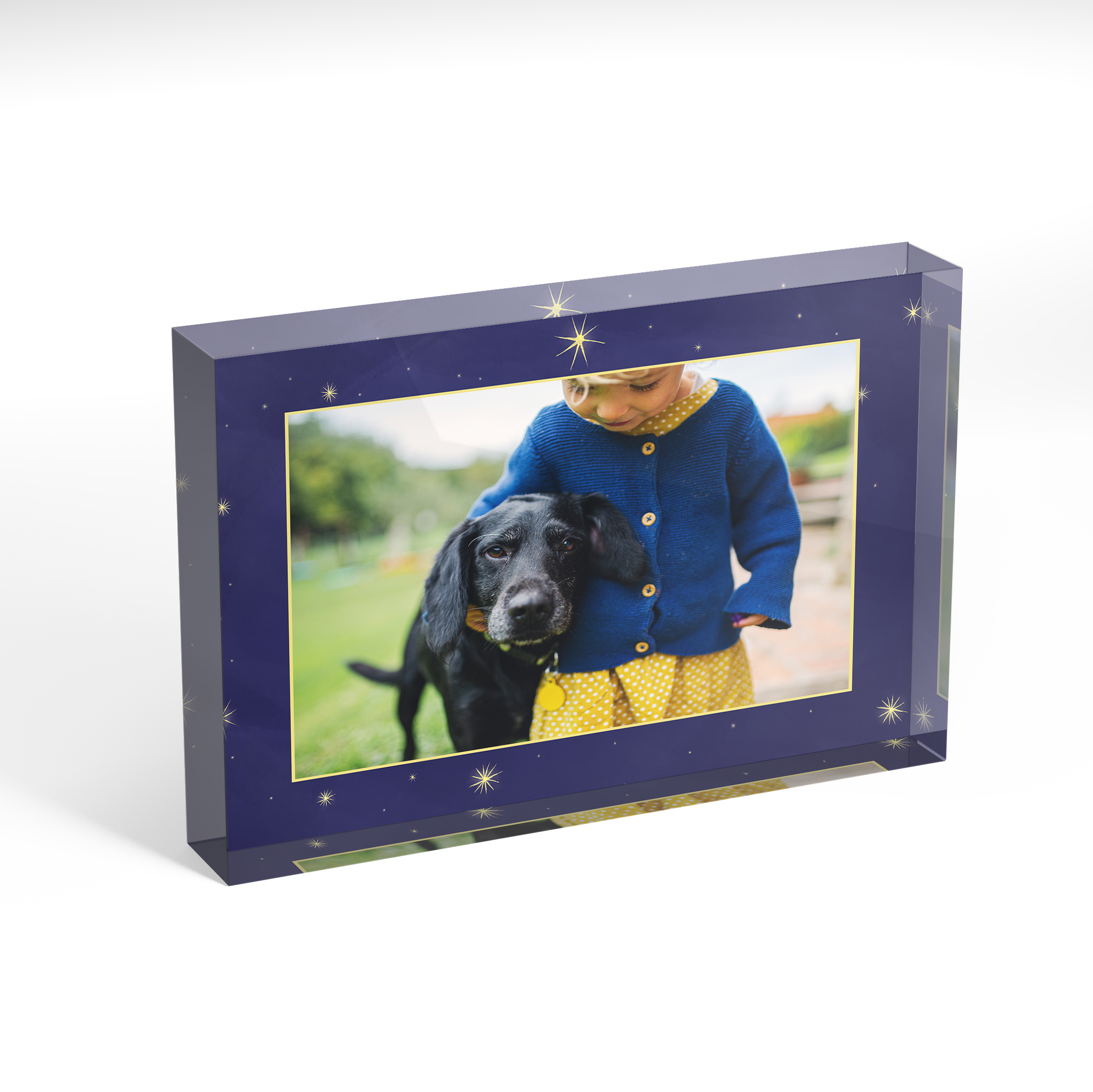 A front side view of a landscape layout Acrylic Glass Photo Block with space for 1 photo. Thiis design is named 'Night Wonder'. 