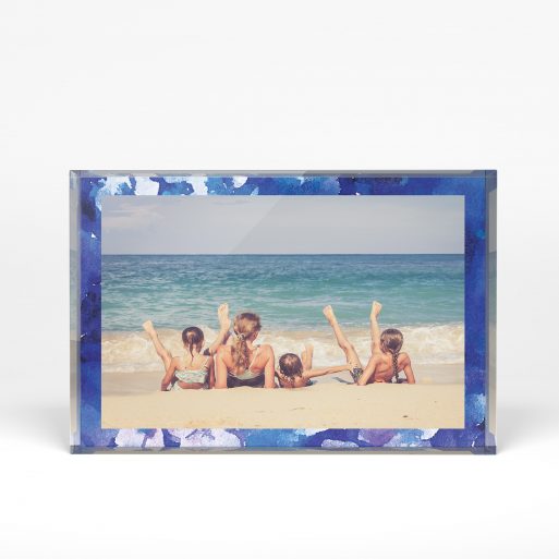 A front side view of a landscape layout Acrylic Photo Block with space for 1 photo. Thiis design is named "Purple Border". 