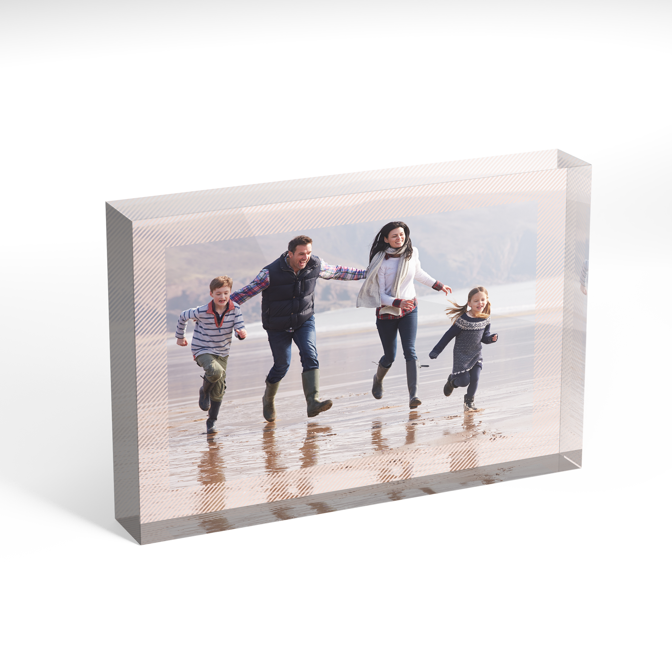 An angled side view of a landscape layout Acrylic Photo Gift with space for 1 photo. Thiis design is named "Diagonals". 